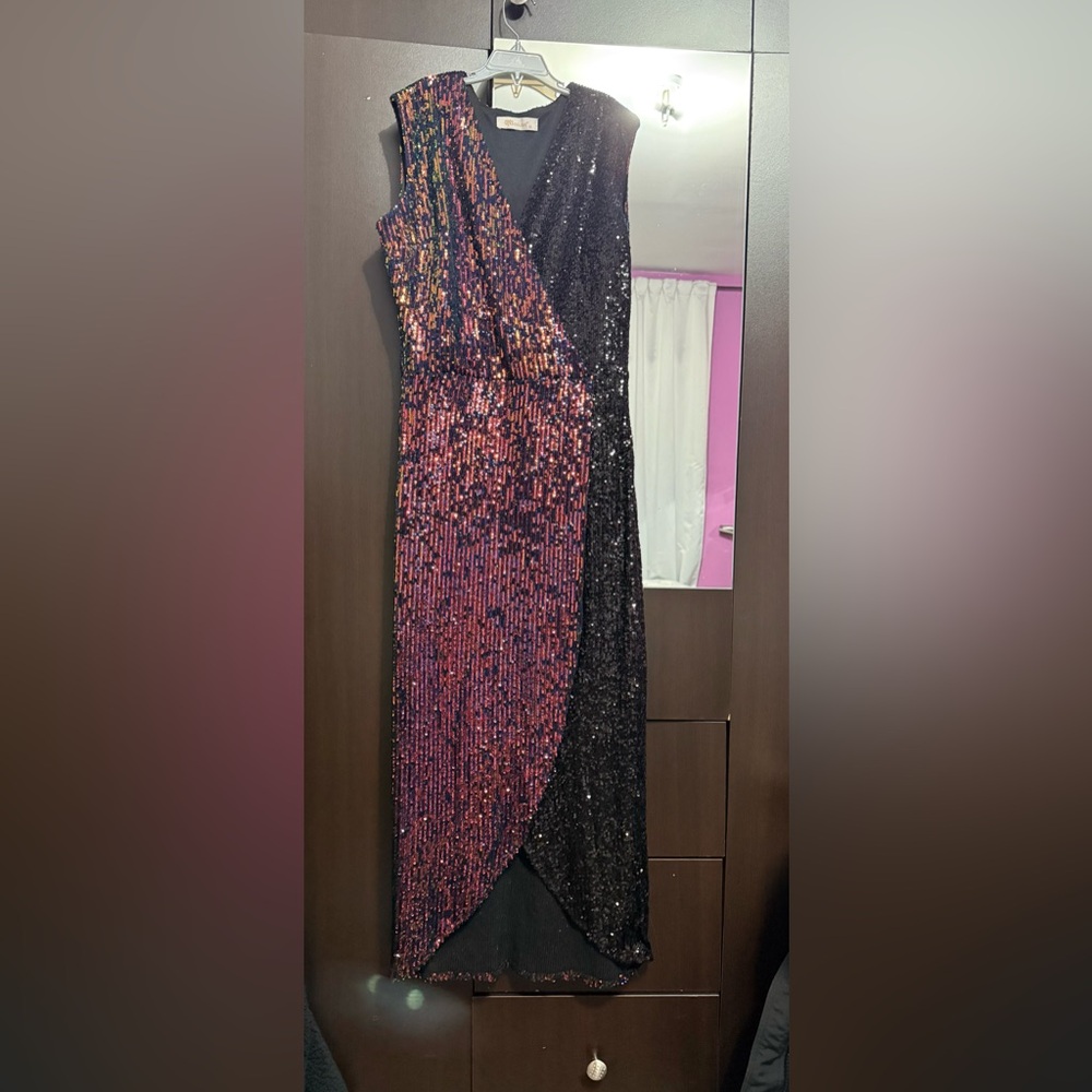 Sequin Evening Gown in Black and Pink